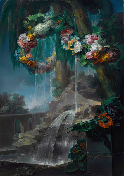 An Outdoor Scene With A Spring Flowing Into A Pool With Garlands Of Flowers And