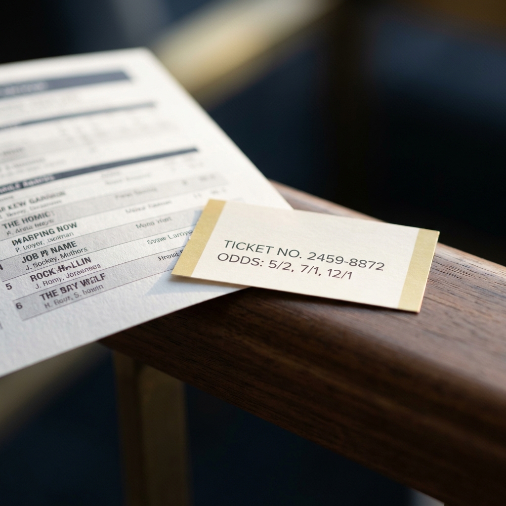 Close up of a printed race card and tote ticket on a wooden rail showing greyhound racing bets in a minimalist editorial style with shallow depth of field and Funded Plays color palette