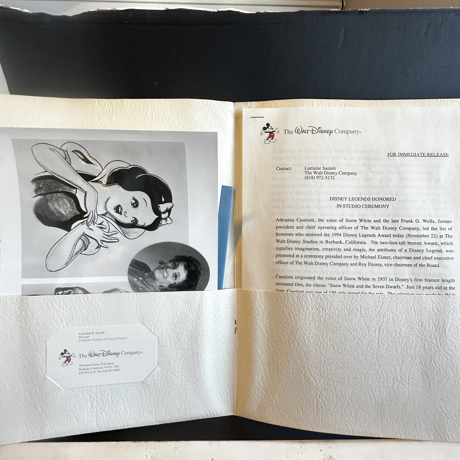 1994 Disney Legends press kit for Adriana Caselotti, showing folder, publicity photograph, and business card
