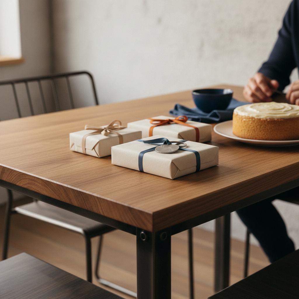 Detailaufnahme eines Esstisches mit sorgfältig verpackten Geschenken und kleinem Metallanhänger, Vanillekuchen am Rand – geschenkideen für papa, warme minimalistische Szene.