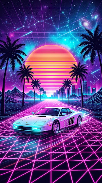 Synthwave Illustration of a Sports Car on a Glowing Grid Under a Neon Sun - Free mobile Wallpaper