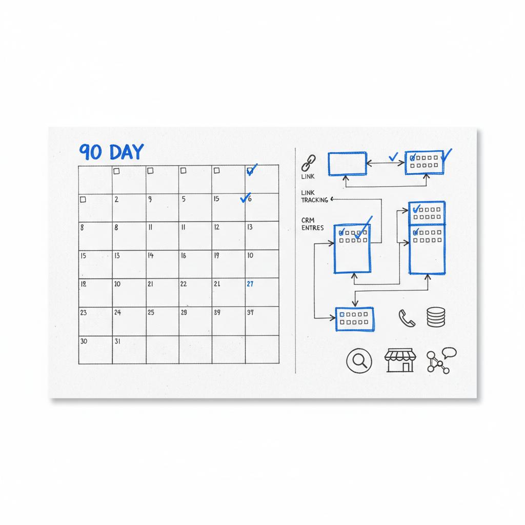 Hand-drawn notebook page with a 90-day calendar, checkboxes tracking UTM tags, phone numbers and CRM entries, plus small icons for Google, marketplaces and social &mdash; Angi Ads alternatives