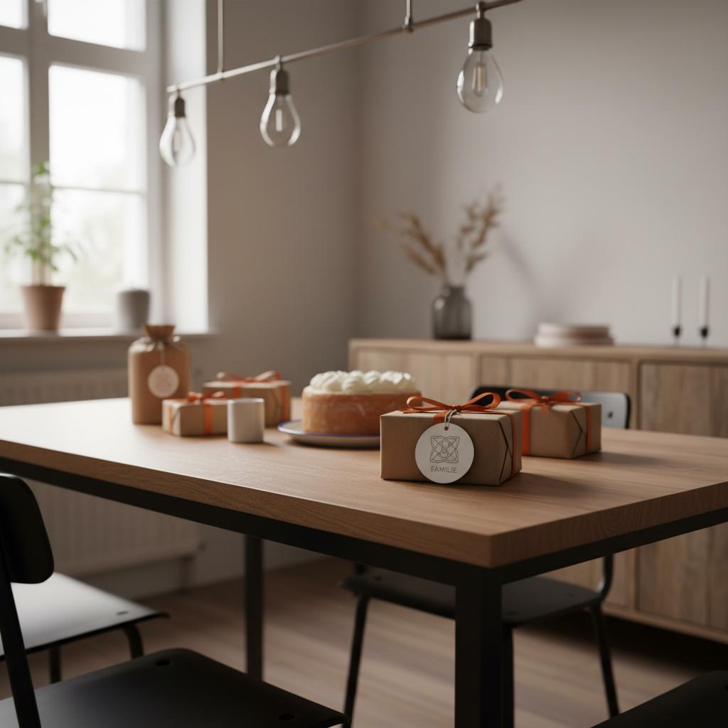 Esstisch mit liebevoll verpackten Geschenken, graviertem Anhänger und Vanilletorte in warmem Licht – zuneigung zeigen in minimalistischer Steelmonks-Ästhetik.