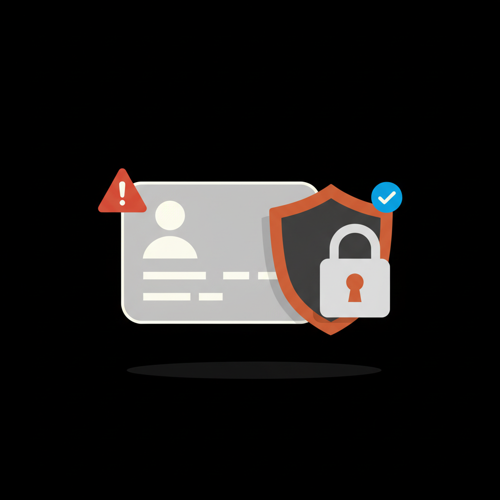 Minimal vector infographic of a social profile card beside a shield and lock with red scam triangle and blue official check — concept for buy Instagram blue check
