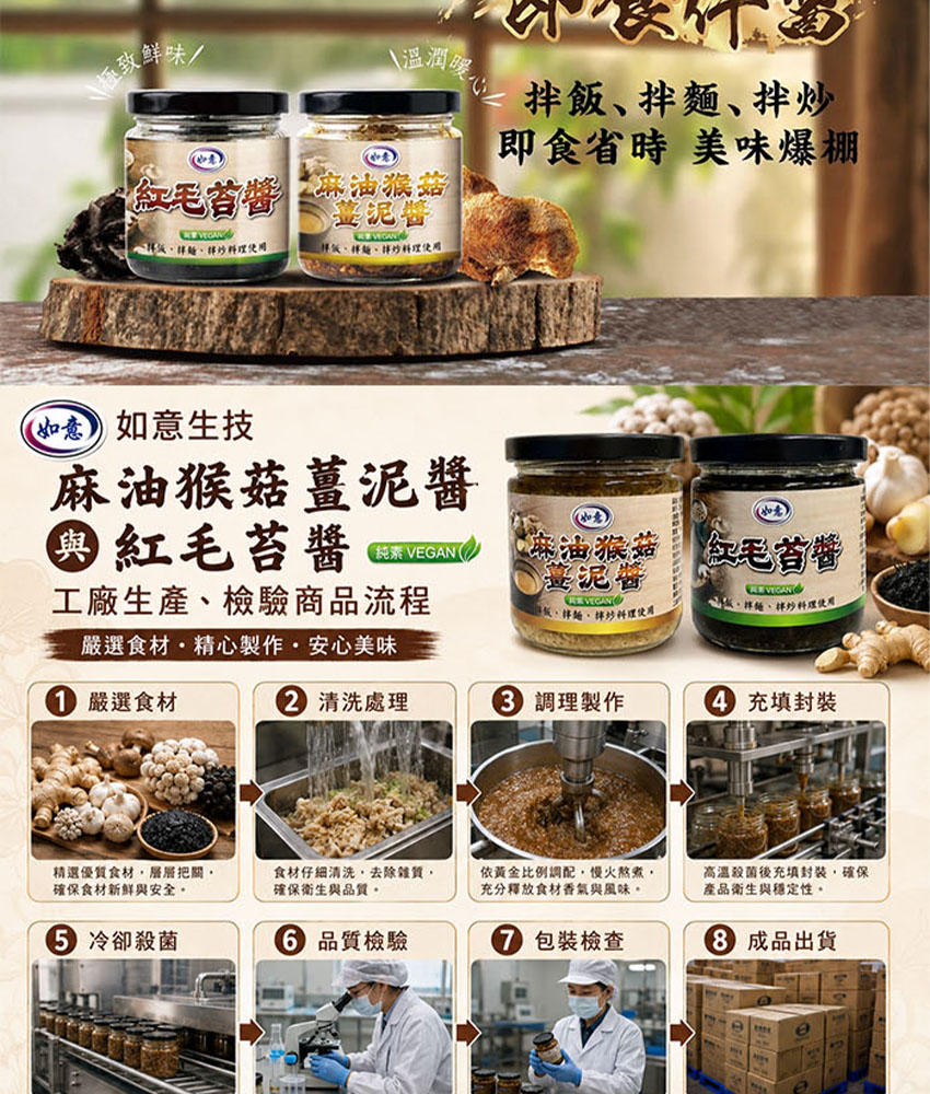 如意生技｜麻油猴菇薑泥醬・紅毛苔醬 180g/罐