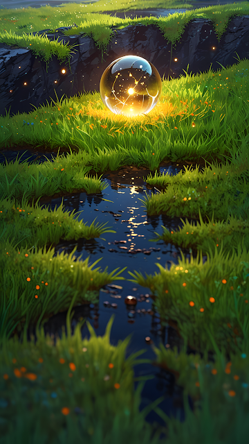 Glowing Crystal Orb Resting on Mossy Grass Beside Stream - Free mobile Wallpaper