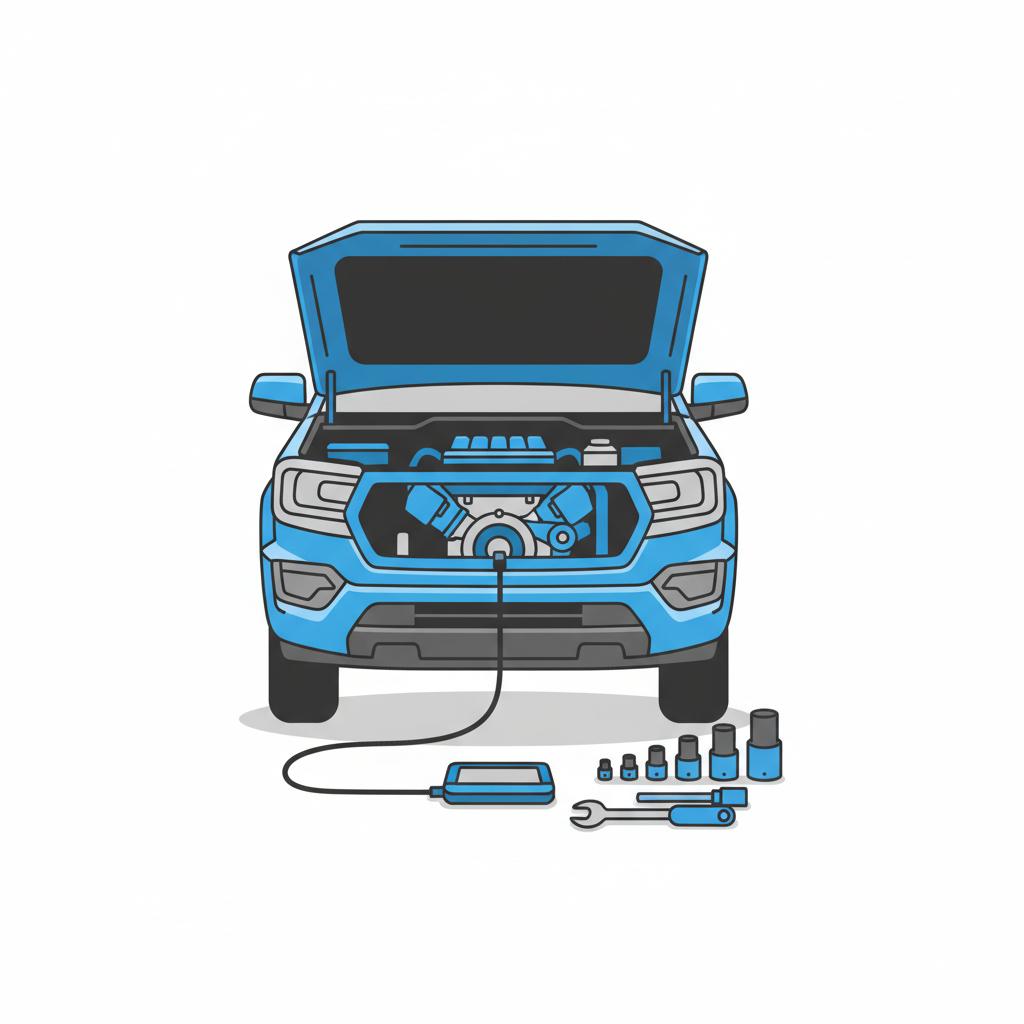 Minimalist vector of an open truck hood showing a clear stylized transmission with diagnostic scanner and tools nearby in CarFax Deals colors chevy trucks for sale