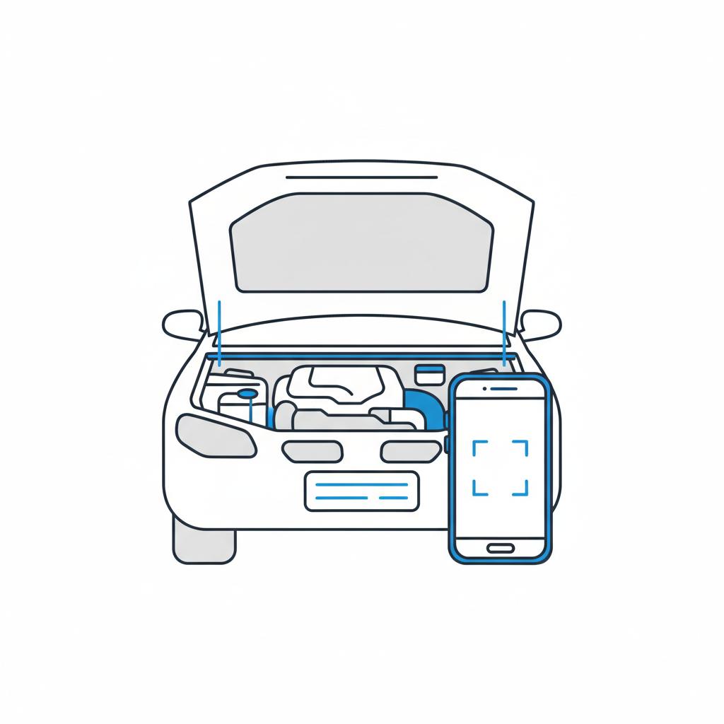 Minimal vector of open car hood and engine bay with smartphone photographing a blank VIN plate, toyota sequoia for sale