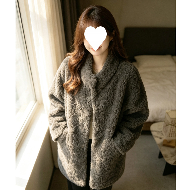 Lamb fleece imitation coat, mid-length, women's