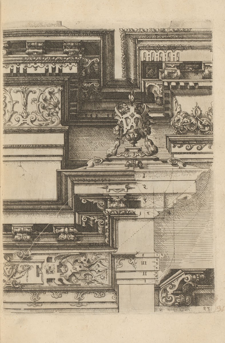 Three Corinthian capitals a console and two crowns 1593 1595