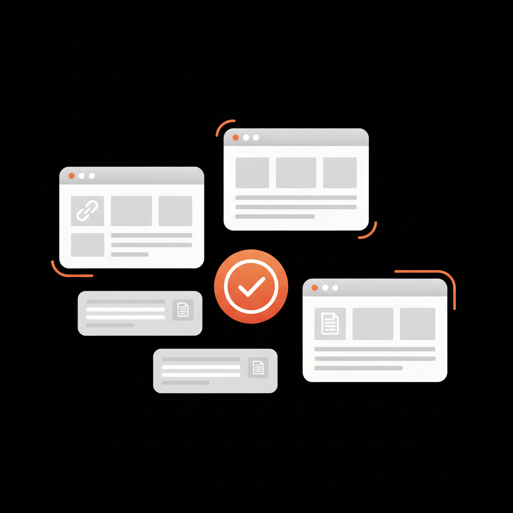 Minimal 2D vector infographic of stylized browser windows, article snippet blocks and a highlighted verification badge in Social Success Hub brand colors to get your Instagram verified