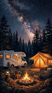 Nighttime Campsite with RV, Tent, and Campfire under a Starry Sky