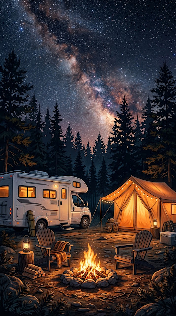 Nighttime Campsite with RV, Tent, and Campfire under a Starry Sky - Free mobile Wallpaper