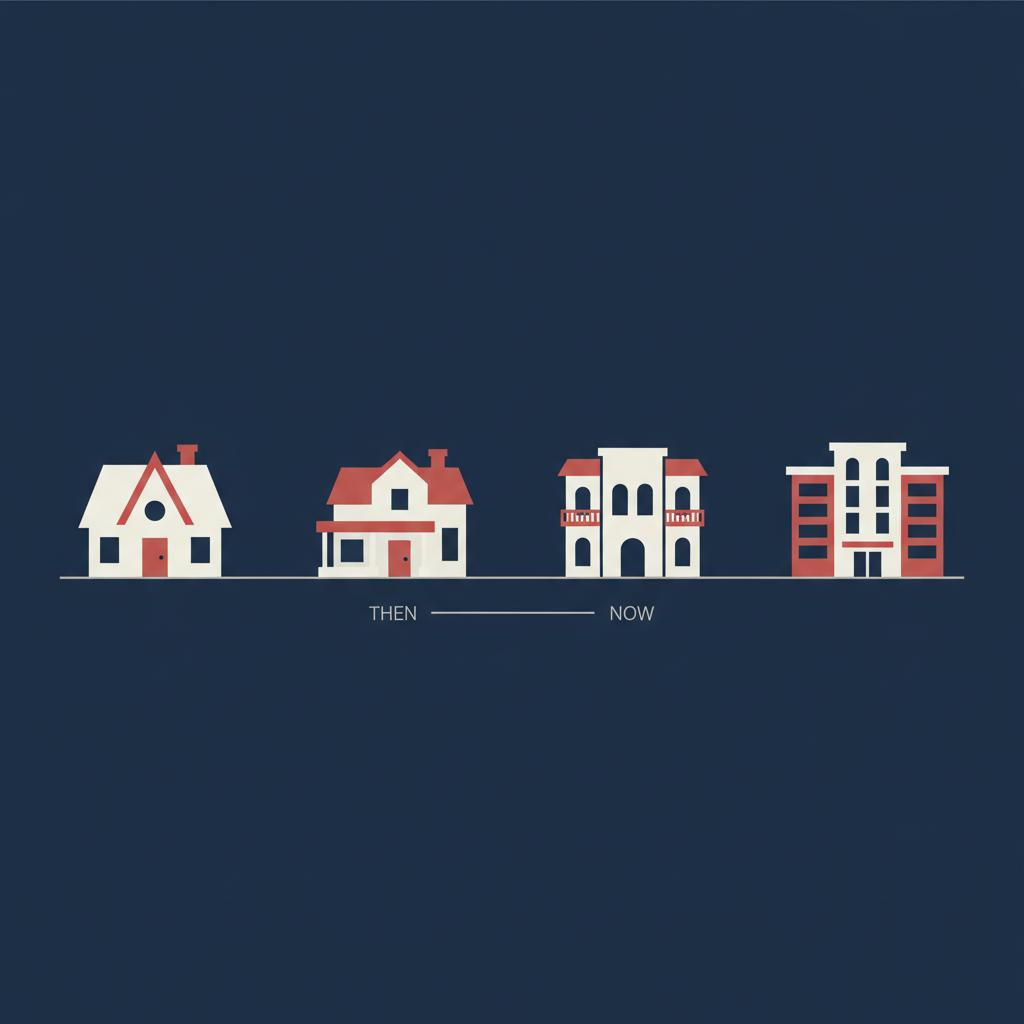 Minimalist 2D vector infographic of a row of housing types from older single family homes to new multifamily buildings showing evolution american dream then and now