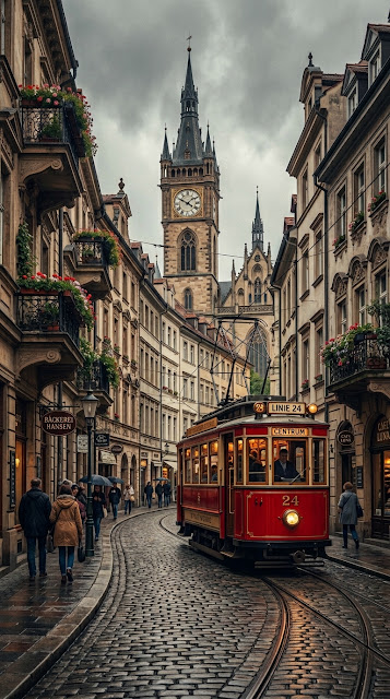Vintage Red Tram in Historic European City - Free mobile Wallpaper