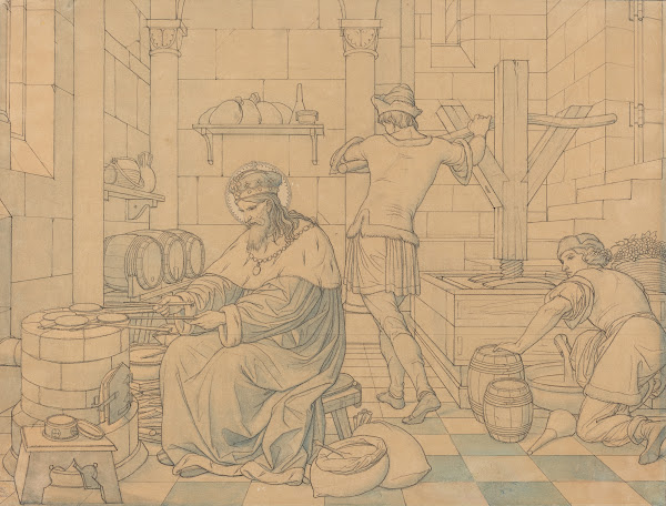 Saint Wenzel Cooking Hosts as Two Youths Press Wine 1866