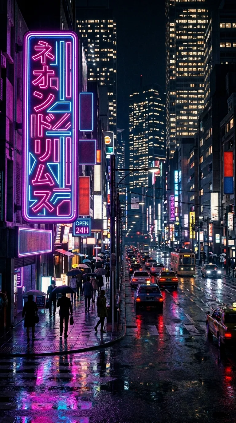 Hyper-Realistic Neon City Street Nightscape - Free 4K mobile Wallpaper