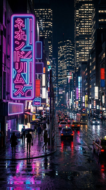 Hyper-Realistic Neon City Street Nightscape - Free mobile Wallpaper