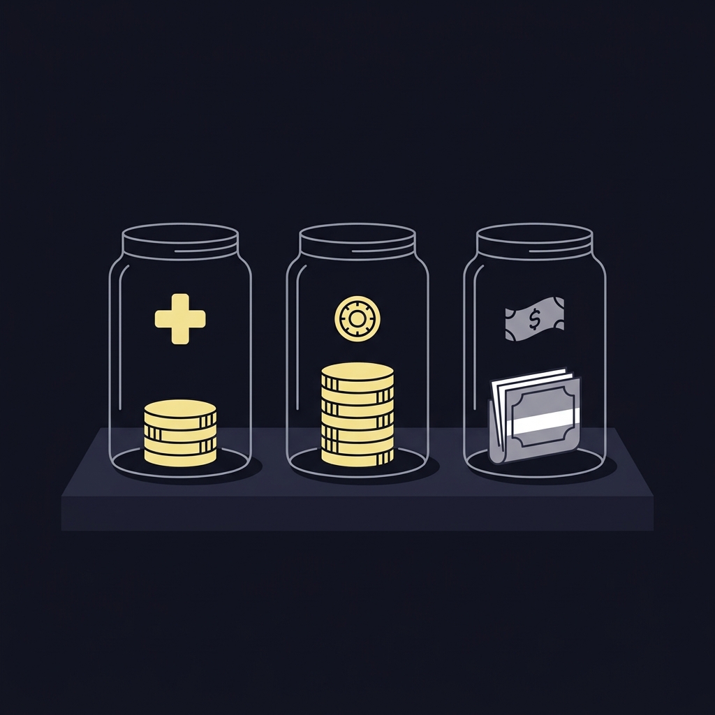 Minimal 2D vector infographic of three separated jars for emergency fund bankroll and bills using Funded Plays brand colors Why Sports Trading Should Never Replace Essential Income