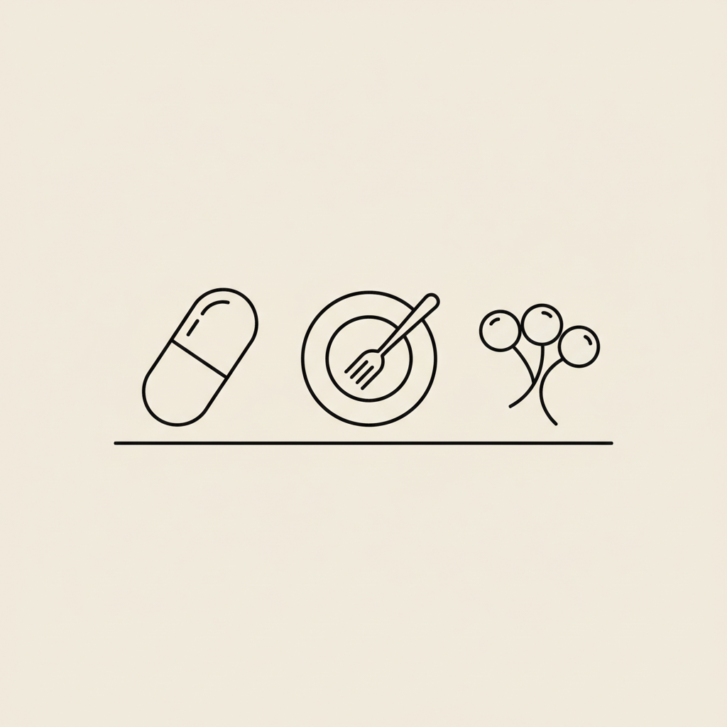 Minimalist Tonum-style line illustration of a capsule, small plate with fork, and stylized berry on a flat beige background, representing drugs that suppress appetite