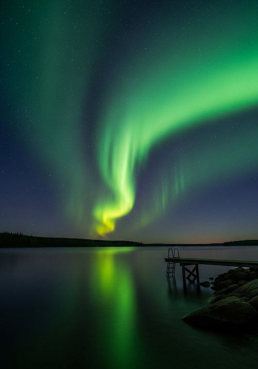 Aurora Borealis Over Lake Pier