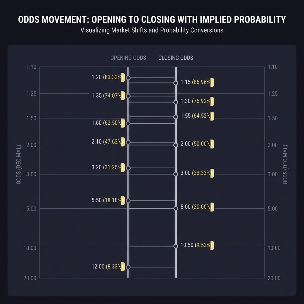 Clean full frame infographic odds ladder chart showing opening and closing lines with annotated implied probability conversions illustrating How Odds Movement Changes Expected Return