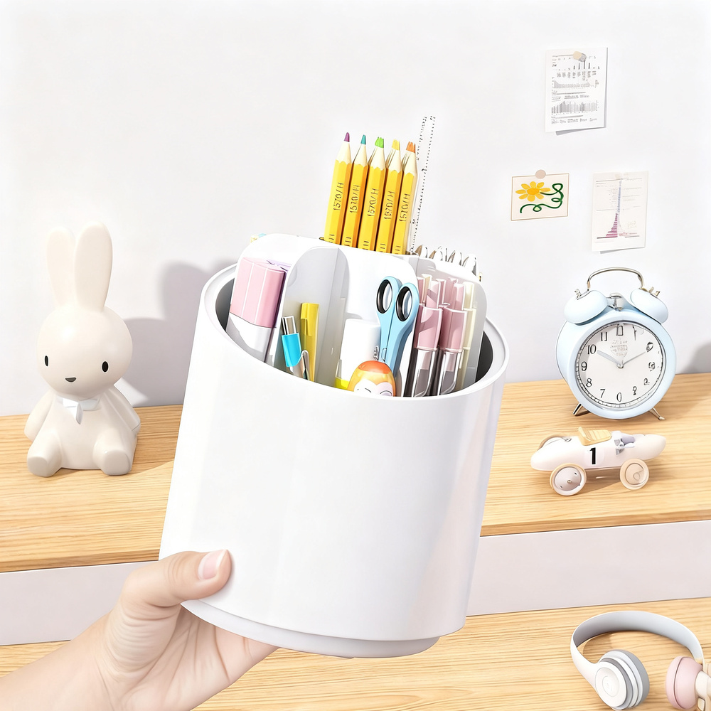 Rotatable pen holder with compartments