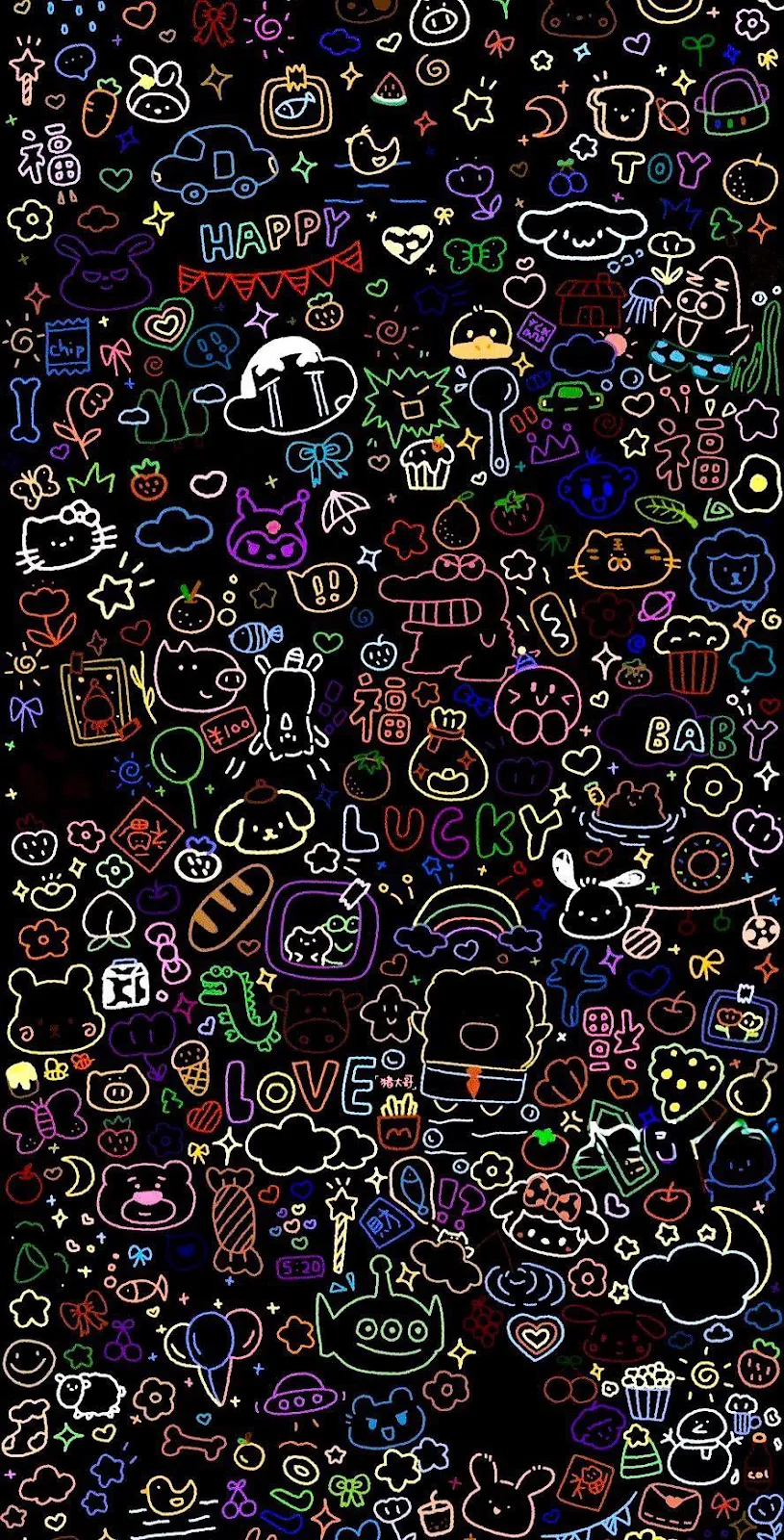 Cute Neon Kawaii Doodles - Neon Line Art iPhone Wallpaper (888x1744)