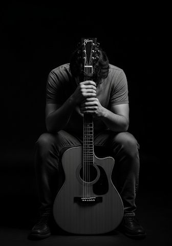 Black White Man Acoustic Guitar Portrait Sad Moody