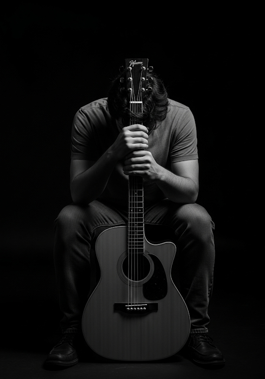 Black White Man Acoustic Guitar Portrait Sad Moody