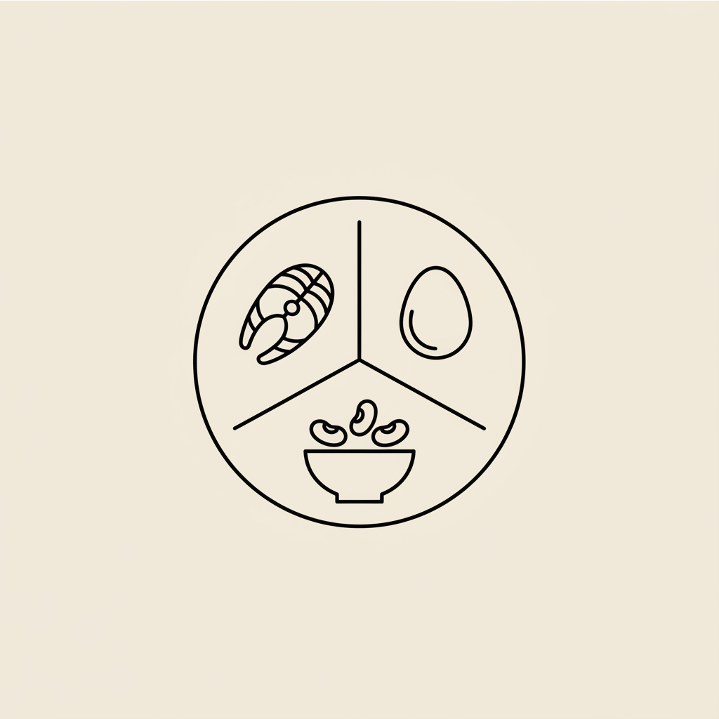 Tonum-style 2D vector of a divided plate with fish fillet, egg, and bowl of beans on a beige background illustrating balanced protein choices — does protein burn fat without exercise