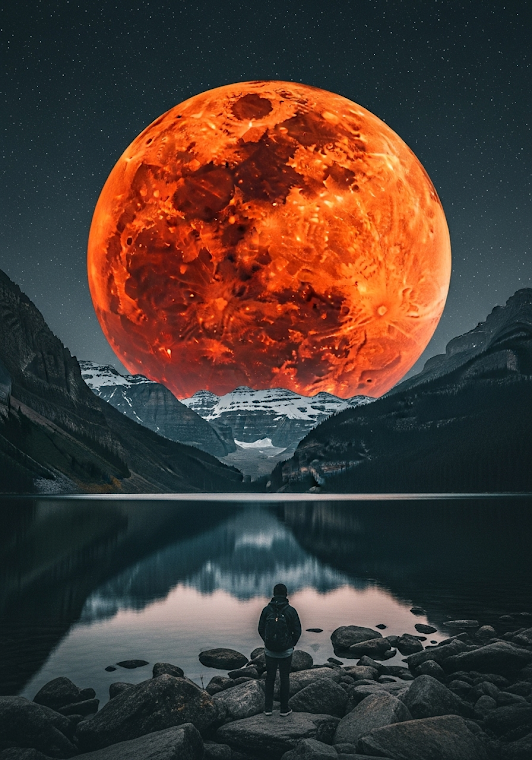 Blood Moon Over Serene Mountains