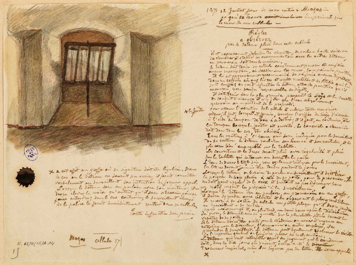 Réglement et fenêtre de la cellule 17 de la prison Mazas 1871