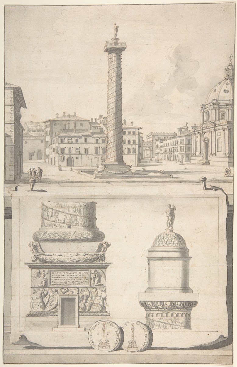 A View of the Column of Trajan above with Details below before 1704