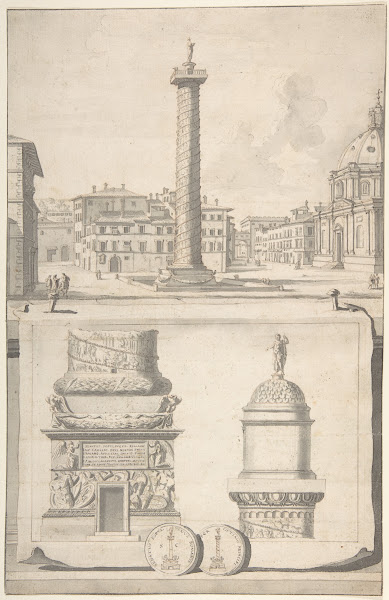 A View of the Column of Trajan above with Details below before 1704