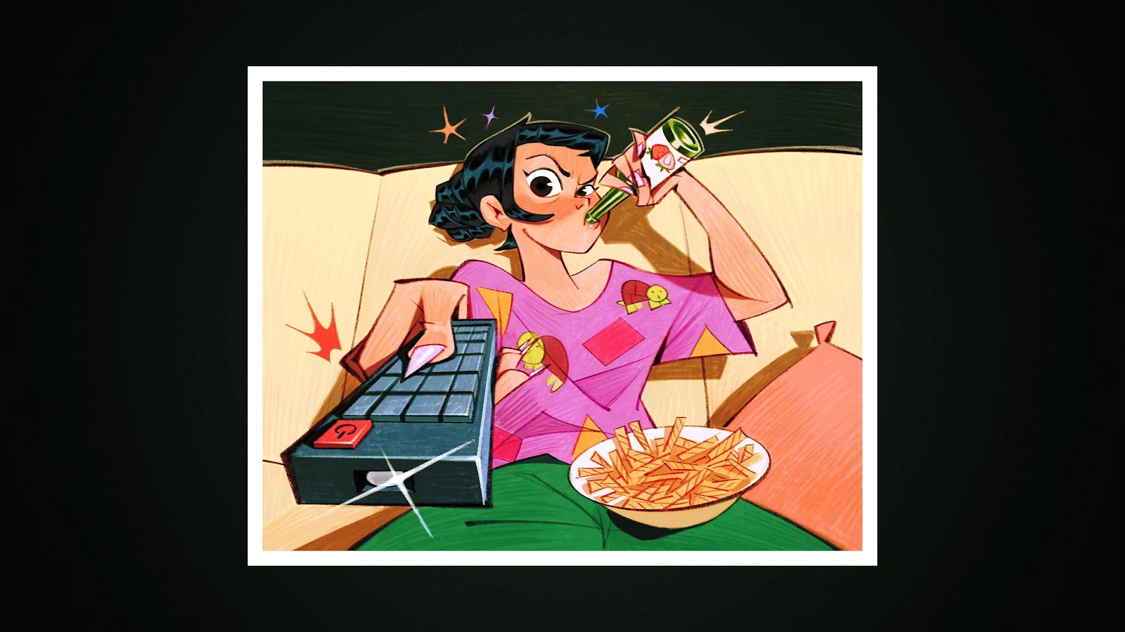 Aggressively Channel Surfing Couch Potato - Expressive Cartoon Illustration 4K Wallpaper (3840x2160)