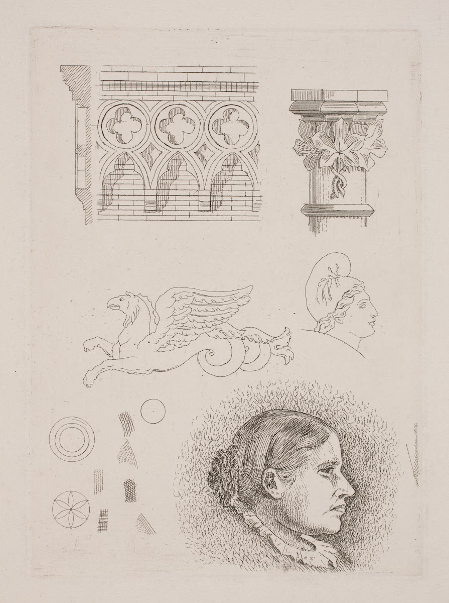 Prøveblad med arkitektoniske fragmenter og Frk Buchheisters portræt 1864