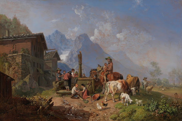 Gebirgsdorf mit Brunnen Im Hintergrund das Wettersteingebirge 1845
