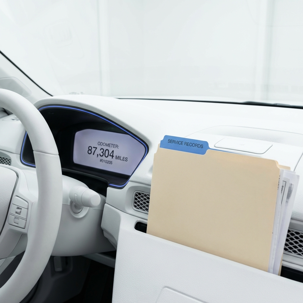 Close up of Honda Civic odometer next to a service record folder on the steering column honda civic used car for sale