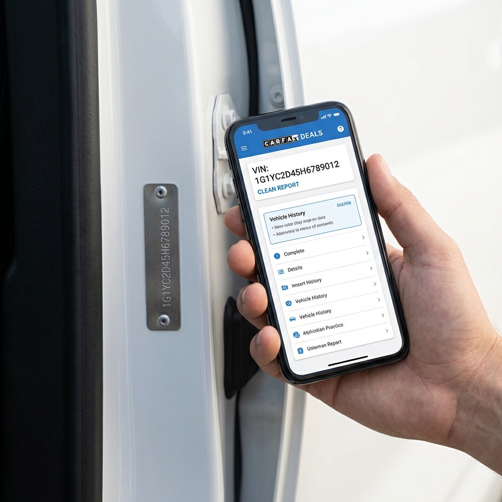 Close up of a VIN plate and an owner checking a vehicle history report on a smartphone in a minimalist white setting cars for sale under 10000