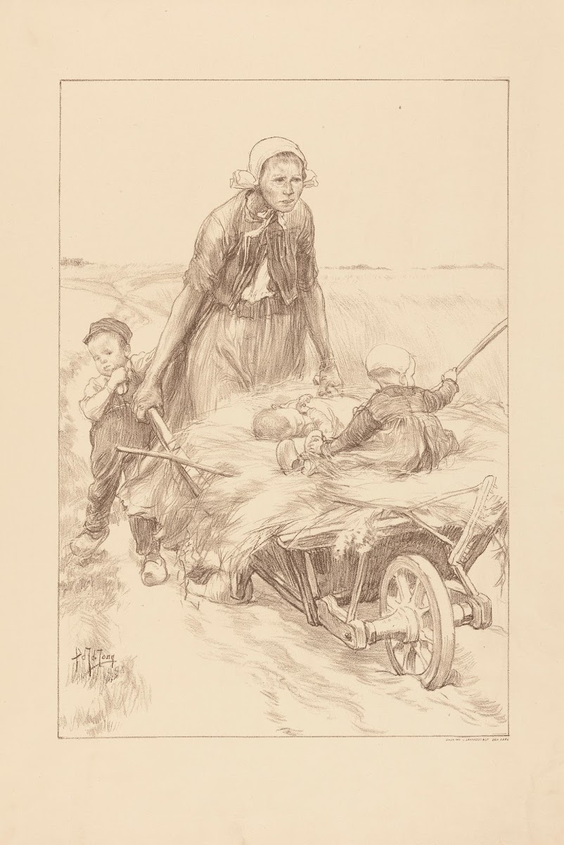 Boerin die een kruiwagen met hooi en twee kinderen duwt 1898