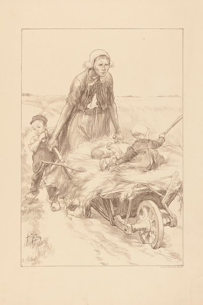 Boerin die een kruiwagen met hooi en twee kinderen duwt 1898