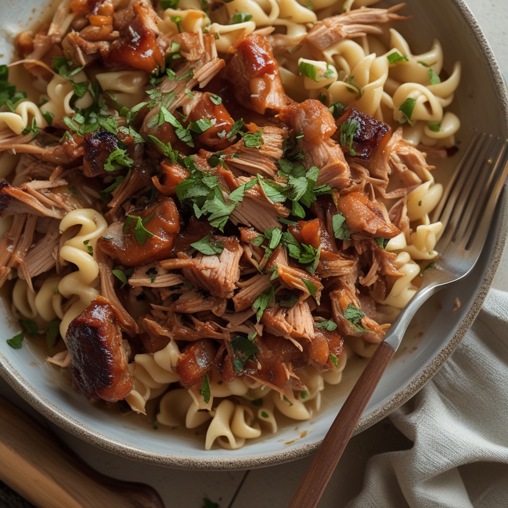 BBQ Pulled Pork Pasta Onion - Easy Homemade Comfort Food Recipe finished