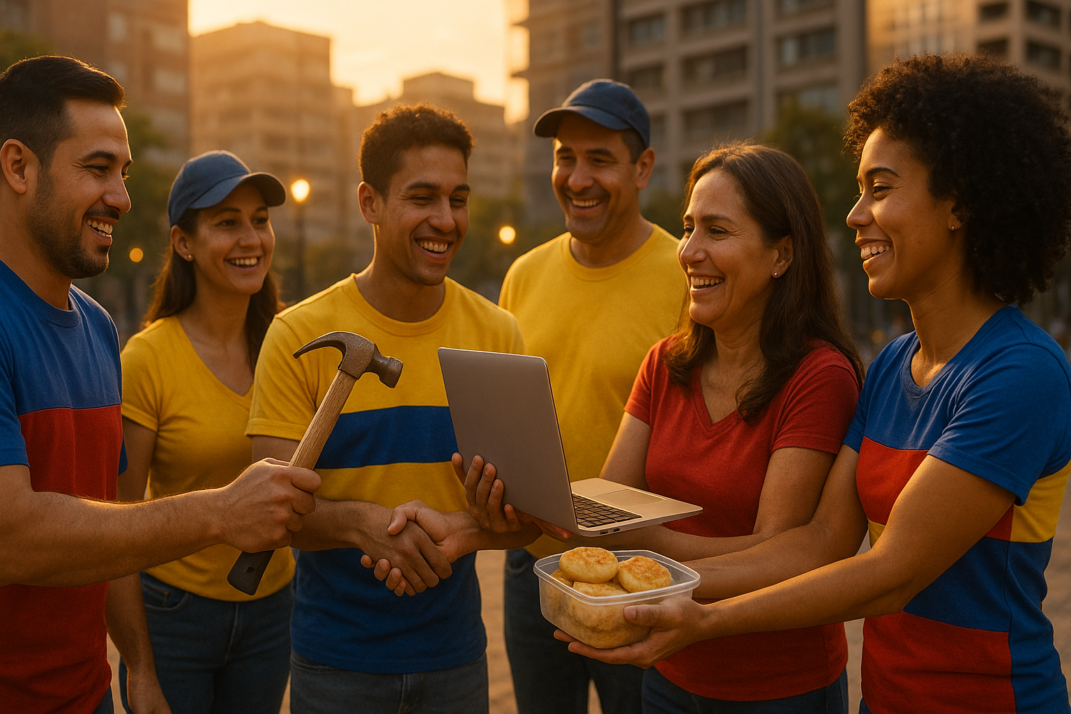 Venezolanos en el exterior intercambiando ayuda en una plaza, gesto de unión