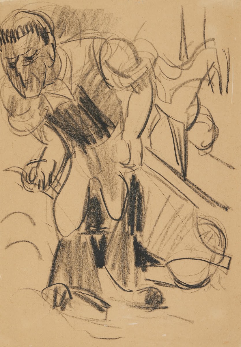 Bauer einen Schubkarren ziehend 1925