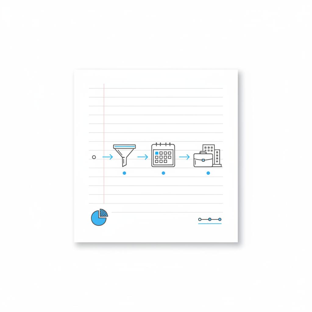Minimalist 2D vector notebook close-up showing four icon stages connected by arrows representing a lead-to-client pipeline in white, dark gray and blue &mdash; cost per lead financial services