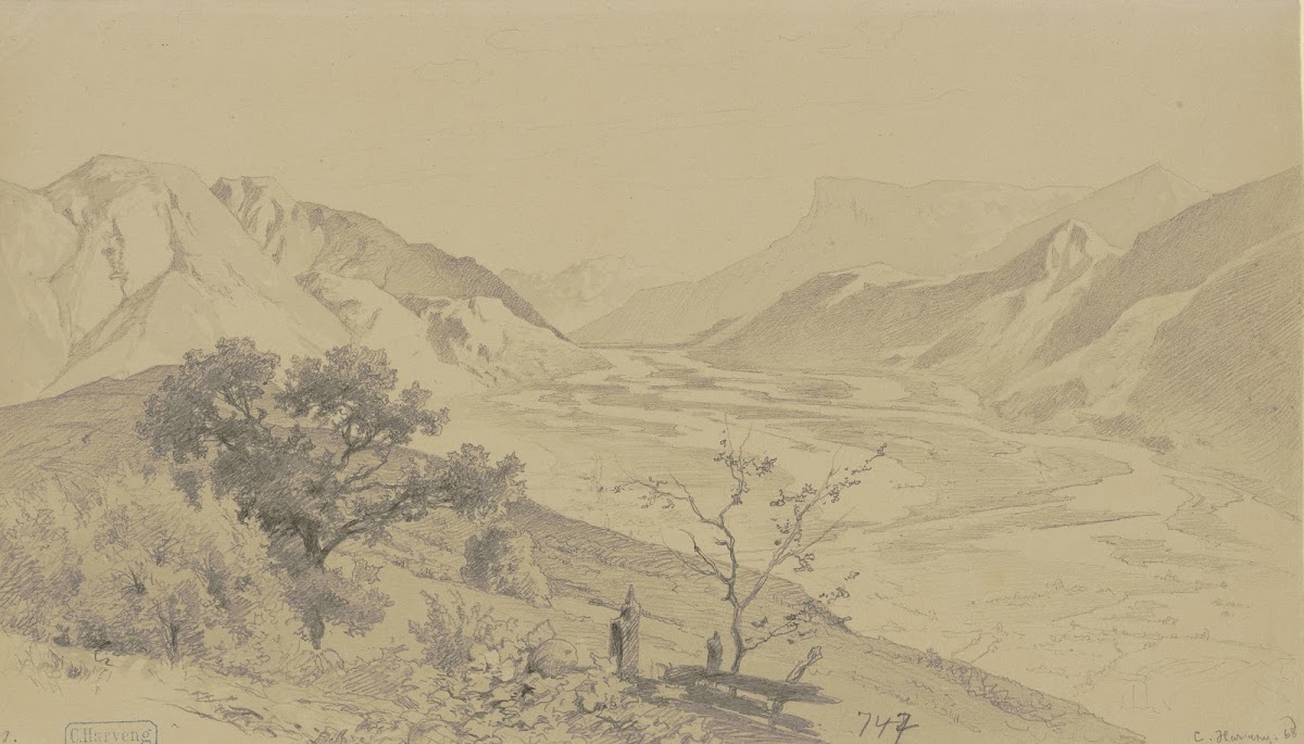 Weites Gebirgstal mit Flußläufen 1868