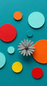 3D Abstract Flower Art on Teal Texture with Colorful Circles