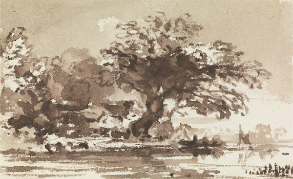 Trees and Cottages at the Bend of a River
