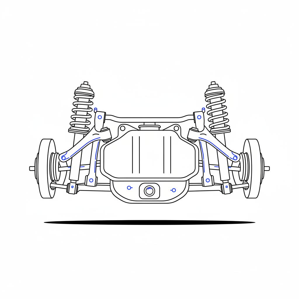 Minimalist 2D vector of a mercedes for sale undercarriage showing suspension and oil pan with blue inspection marks on white background